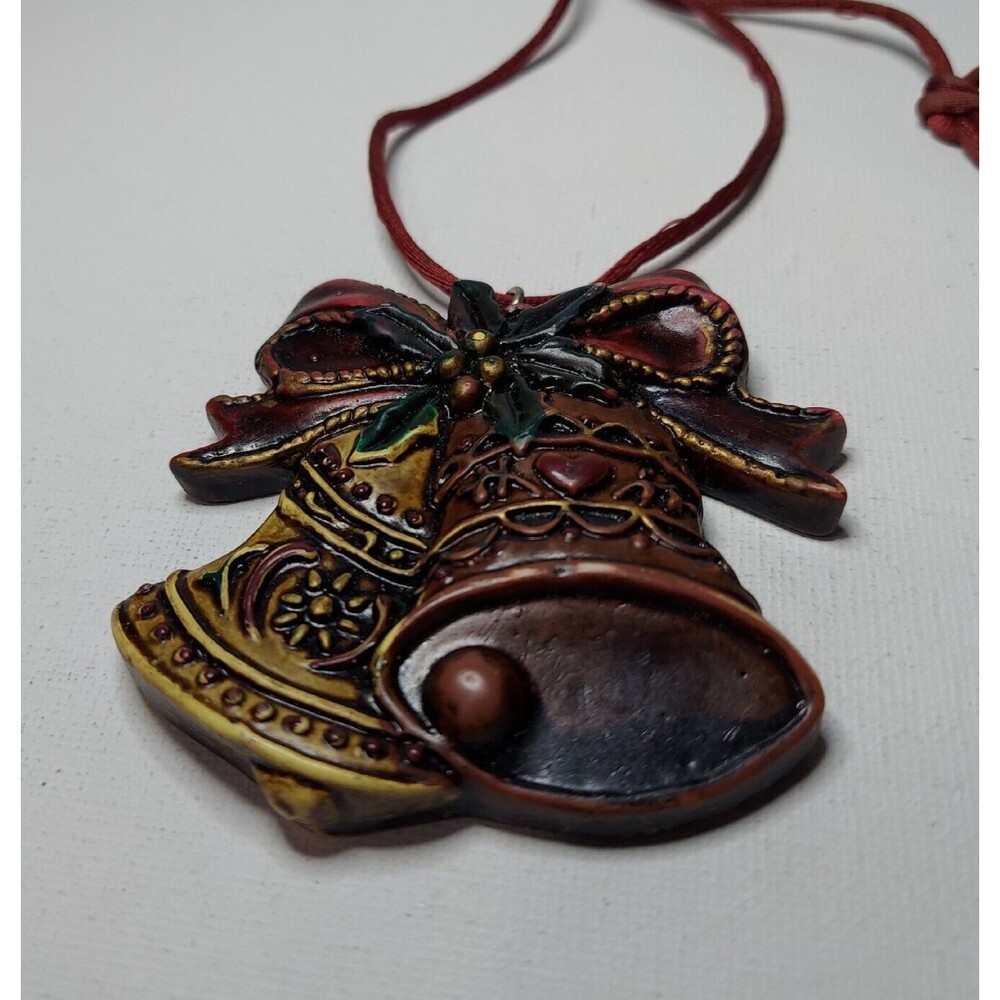 Christmas Bells Necklace Burgandy with goldtone accents on cord 27"